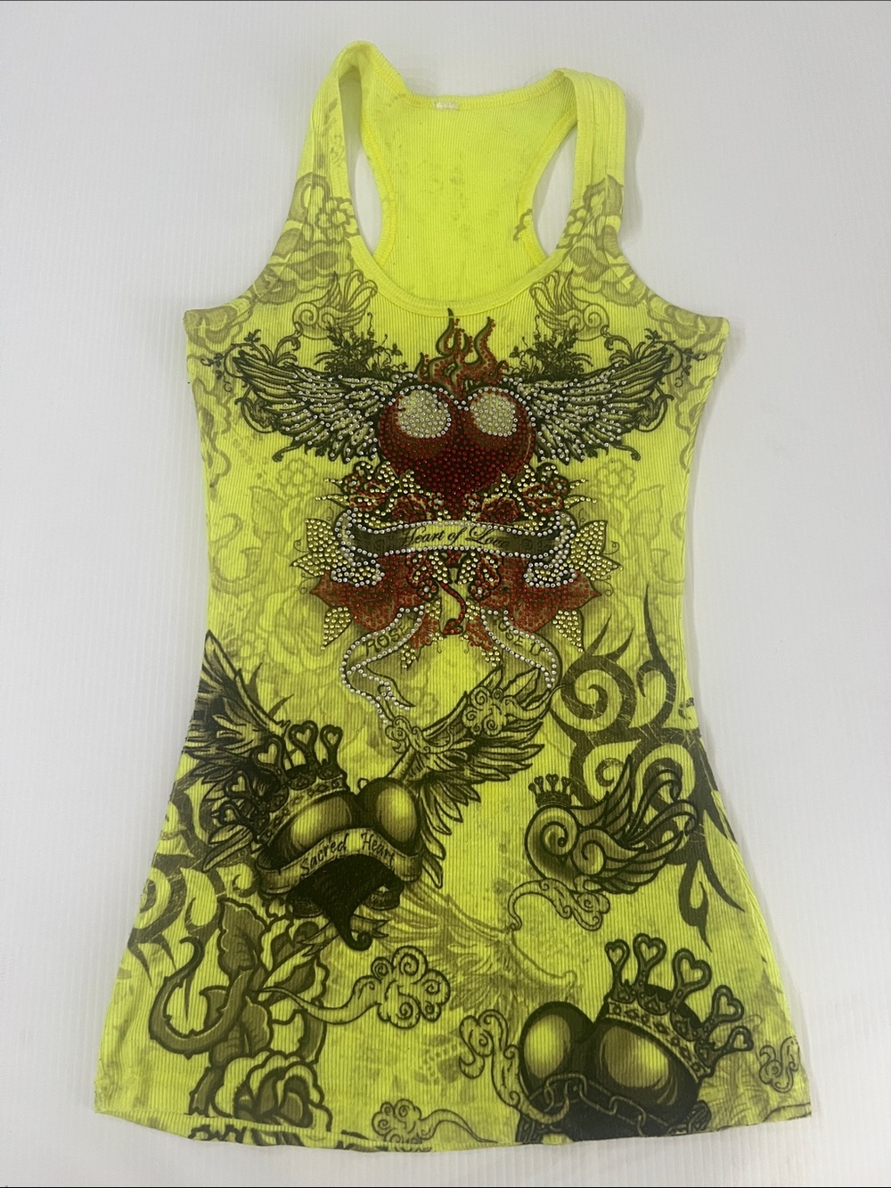 Vintage Y2K Neon Yellow Racerback Tank with Rinestones Winged Heart Graphic